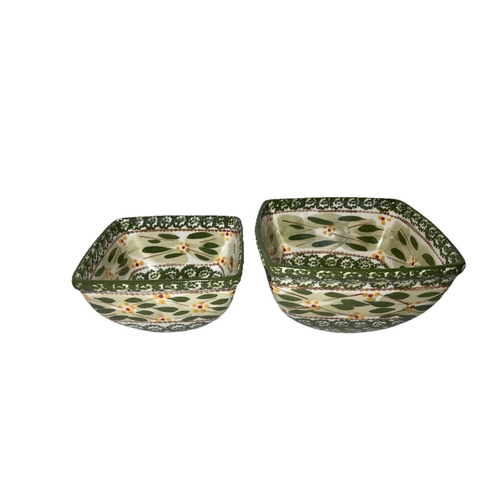 Set Of‎ 2 Temptations By Tara Old World Green Square Serving Bowls 1 & 1.5 Quart